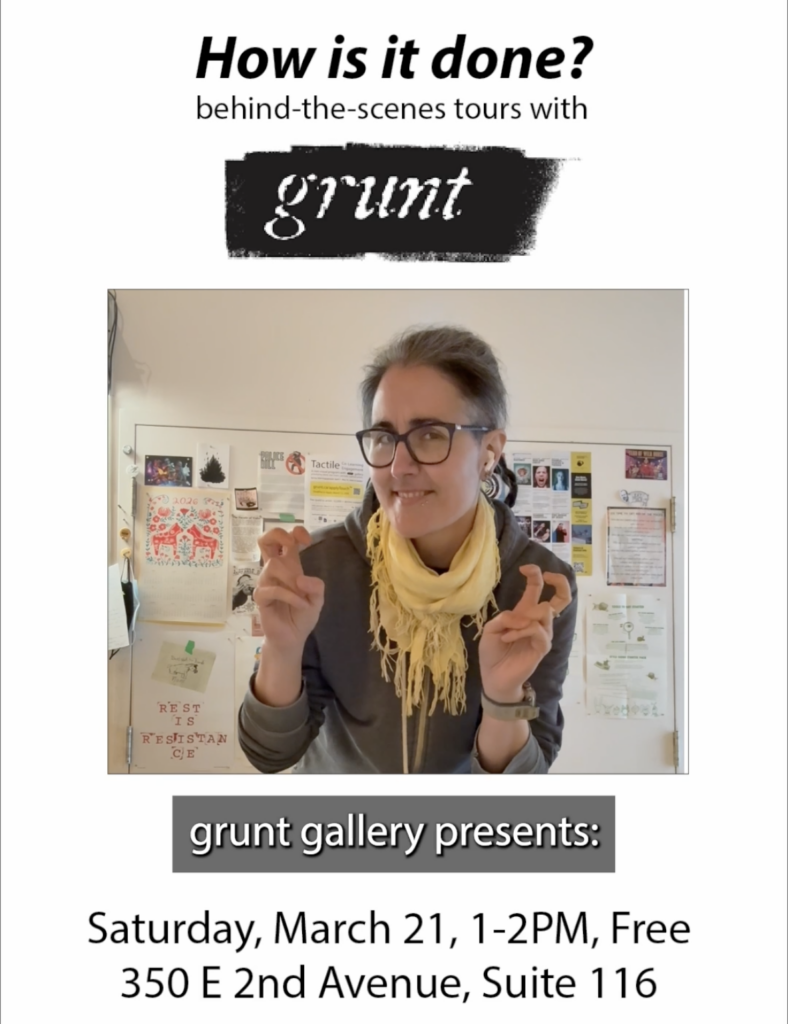 Black sans-serif text on a white background outlines How is it done tour details of title, time, and location. At centre a landscape image of Kay, a white person, signs ASL. The background is closed white doors with many colourful posters.