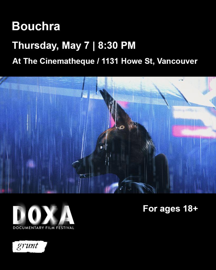At centre is a vibrant colour image in between two black borders containing bold white sans-serif text outlining screening title, time, and place. At bottom are DOXA documentary film festival and grunt gallery’s logos in white. The image at centre is an animation film still of an anthropomorphized jackal holding a clear umbrella in the rain. The background is blue with bright lights, indicating a cityscape. The jackal is pictured in profile, from the shoulders up, gazing to the left with a forlorn look in its eyes. It has some piercings and is wearing a black jacket.