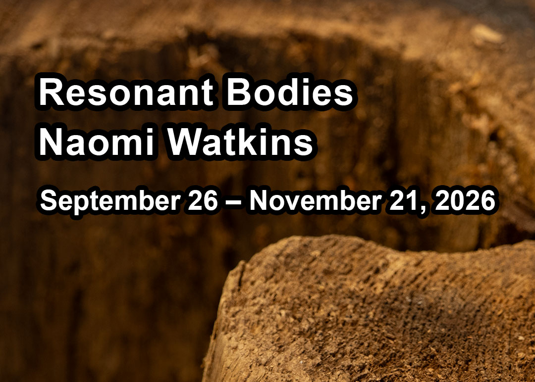Bold white sans-serif text outlined in black outlines exhibition title, artist, and duration in front of an image of cedar wood. The background is blurry while a piece of cedar in focus at bottom right clearly shows wood grain patterns.
