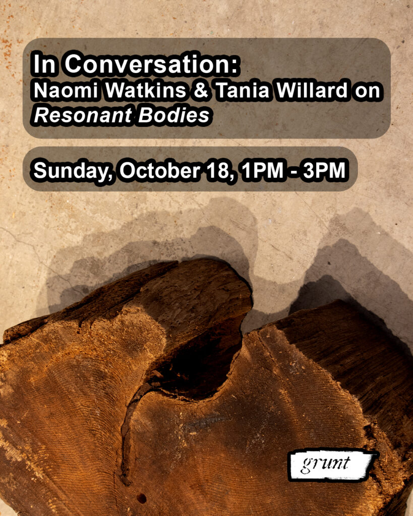 Shadows emanate upwards from a crosscut of cedar warmly lit from bottom frame. The cut cedar is irregularly shaped with bark reaching downwards in the middle of the cross cut’s deep dip at its centre. The background is a textured surface of a cement floor. Above is white text outlined in black containing details of the artist talk included in the caption of this post.